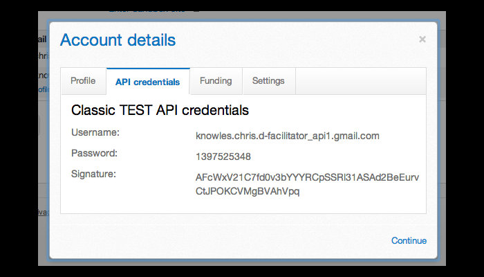 Screenshot of the API credentials