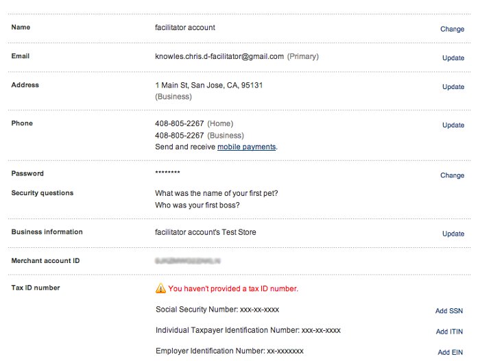 Screenshot of the test account data