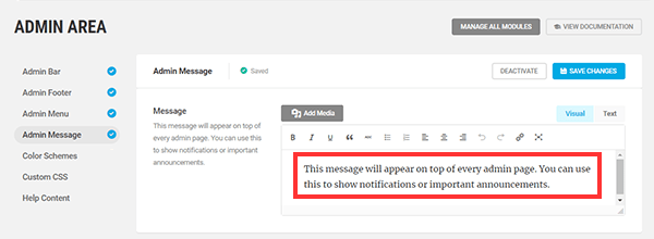Screenshot of the admin message screen.