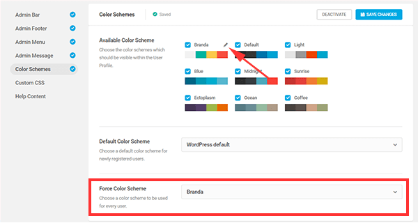 Screenshot of the various color schemes with the Branda one selected.