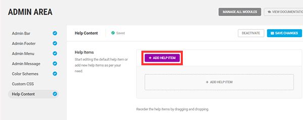 Screenshot of the purple add help item button in the admin area.