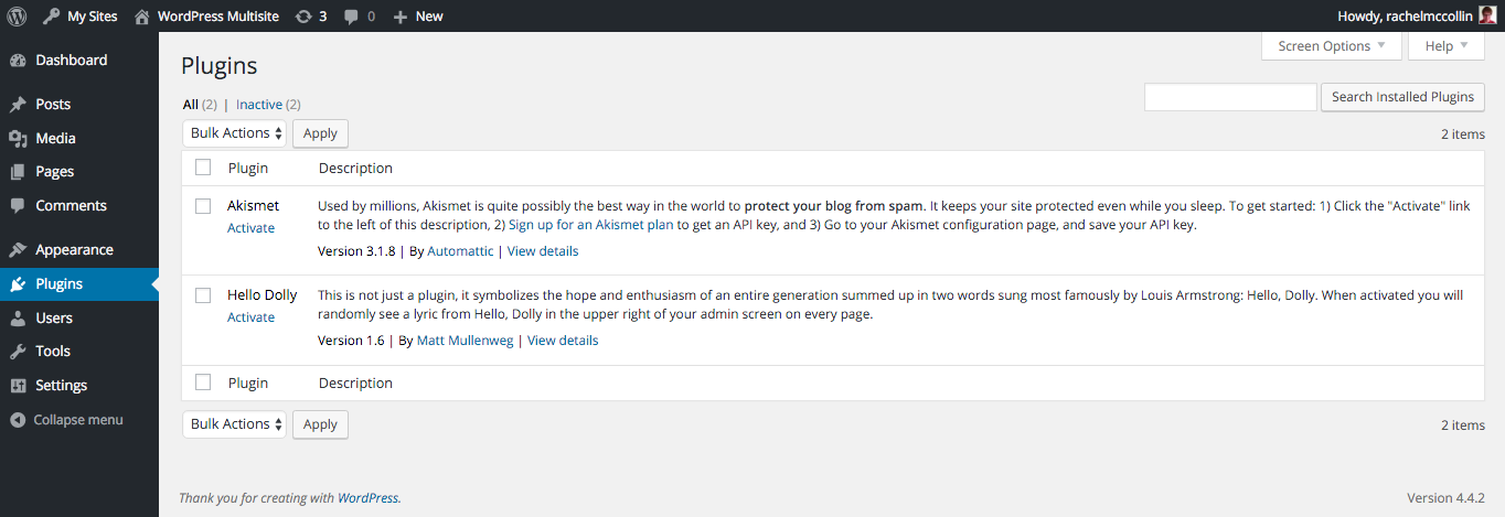 network admin - plugins screen