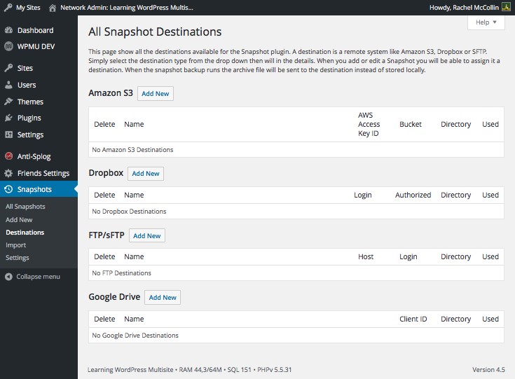 The Snapshot Destinations screen