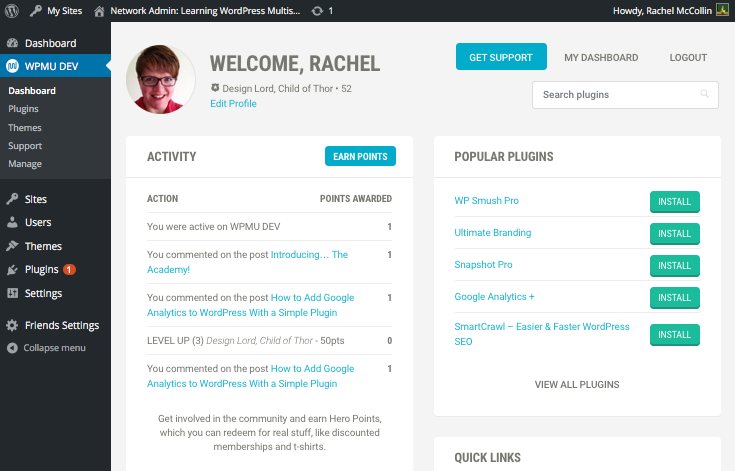 The WPMU DEV dashboard screen