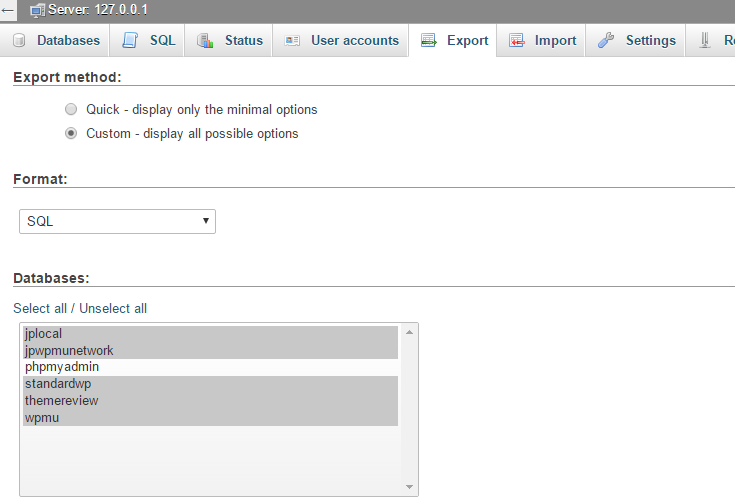 select just the databases you wish to export