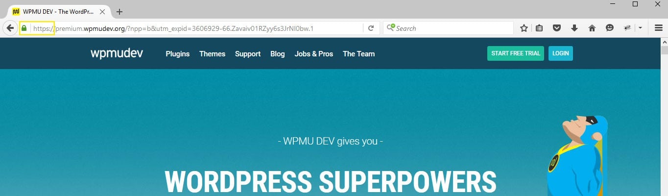 The WPMU DEV site loaded in the Firefox browser.