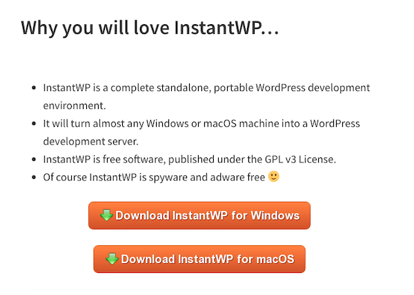 The download page for instant wp