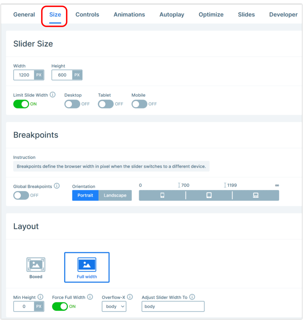 Smart Slider Settings > Size.