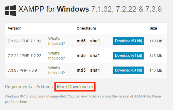 select more downloads from xampp website