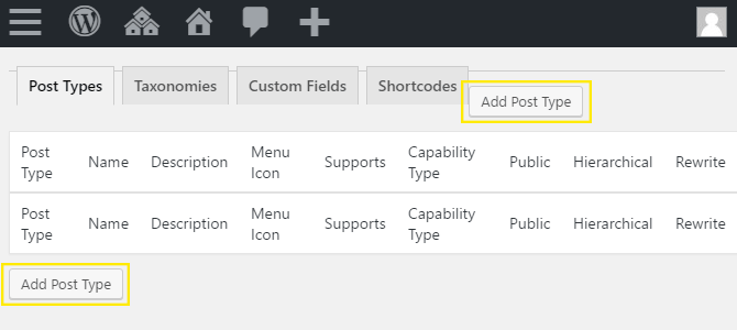 The Post Types tab.