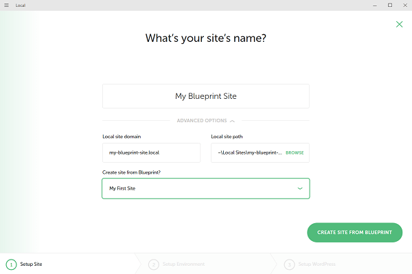 Create a site from a Blueprint: choose the blueprint from the dropdown menu
