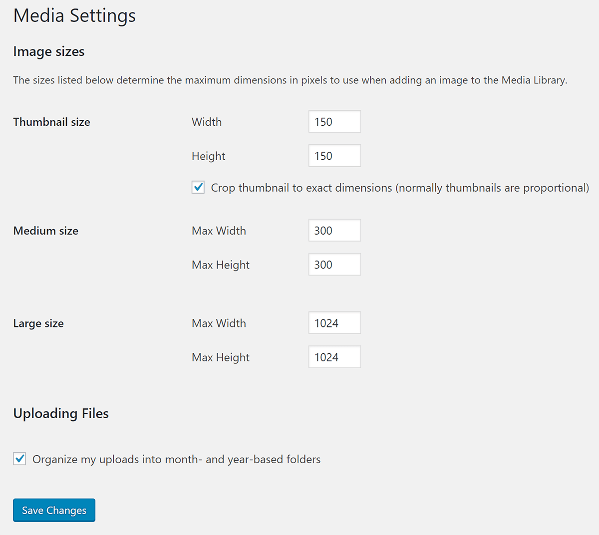 Screenshot of WordPress Media settings.