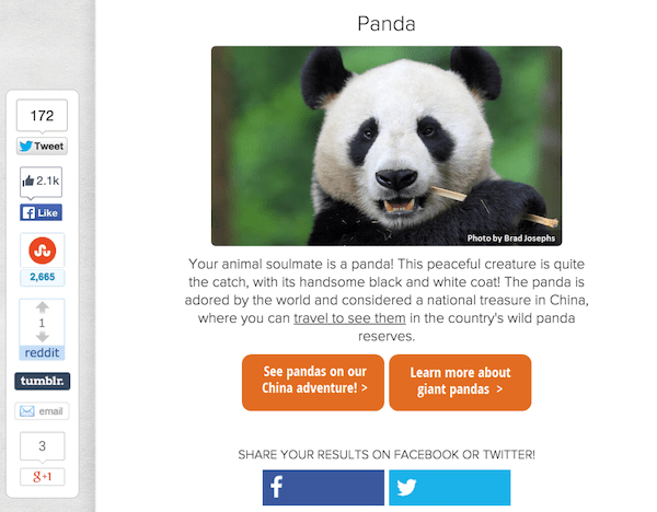 The results screen of WWF's quiz