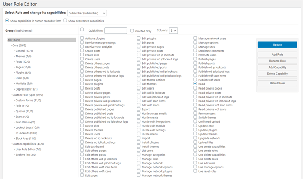 User Role Editor screen.