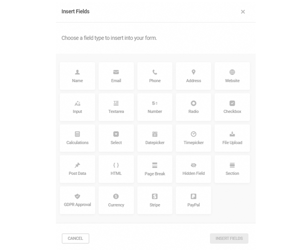 Showing all the fields that can be entered into the form.