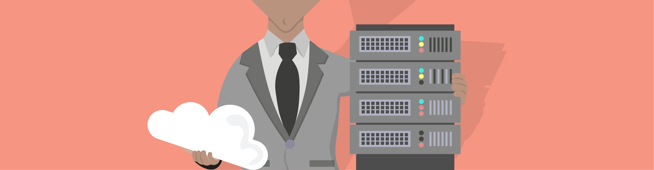 WordPress hosting feature image showing someone holding a server and a cloud.