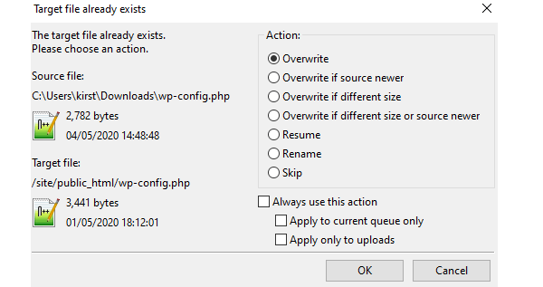 Showing the section of Filezilla which you have to tick to overwrite the old files on your server.