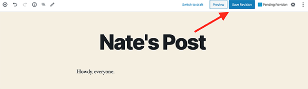 Where the Save Revision button is on a blog post.