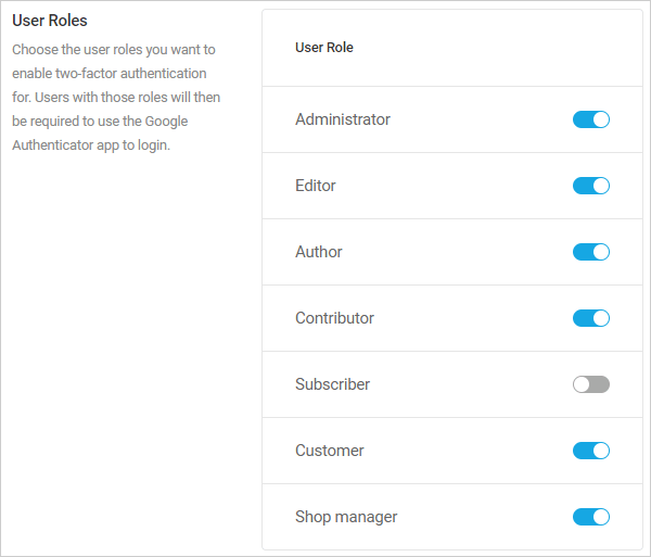 2FA-User roles section