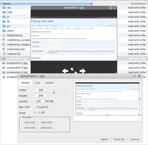 File Manager image editing