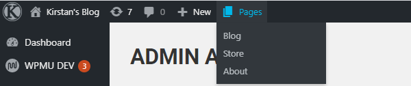 Screenshot of a custom admin bar menu item with a submenu.