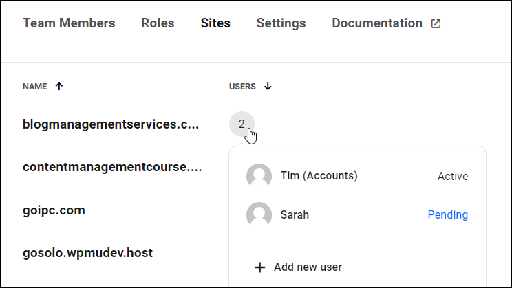 The Hub - Team - Sites screen - Users