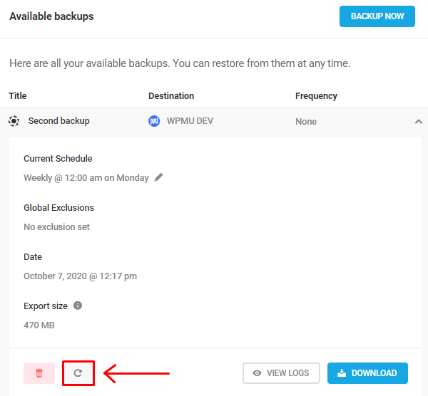 Screenshot of the details of a backup with an arrow highlighting the refresh button.