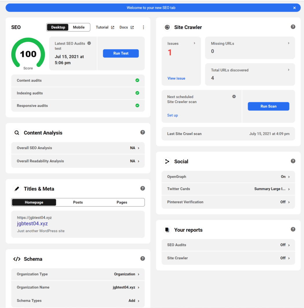 HUB SEO scan test results