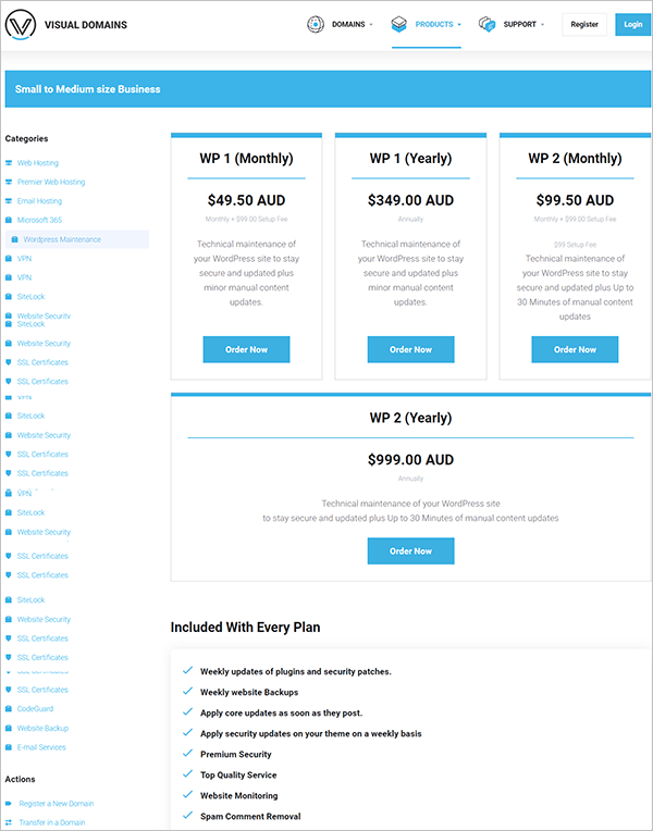 Screenshot of VisualDomains.com.au website maintenance services page.