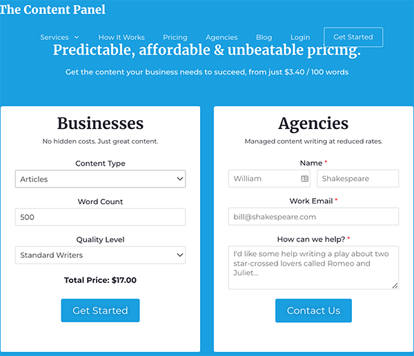 The content panel pricing info.
