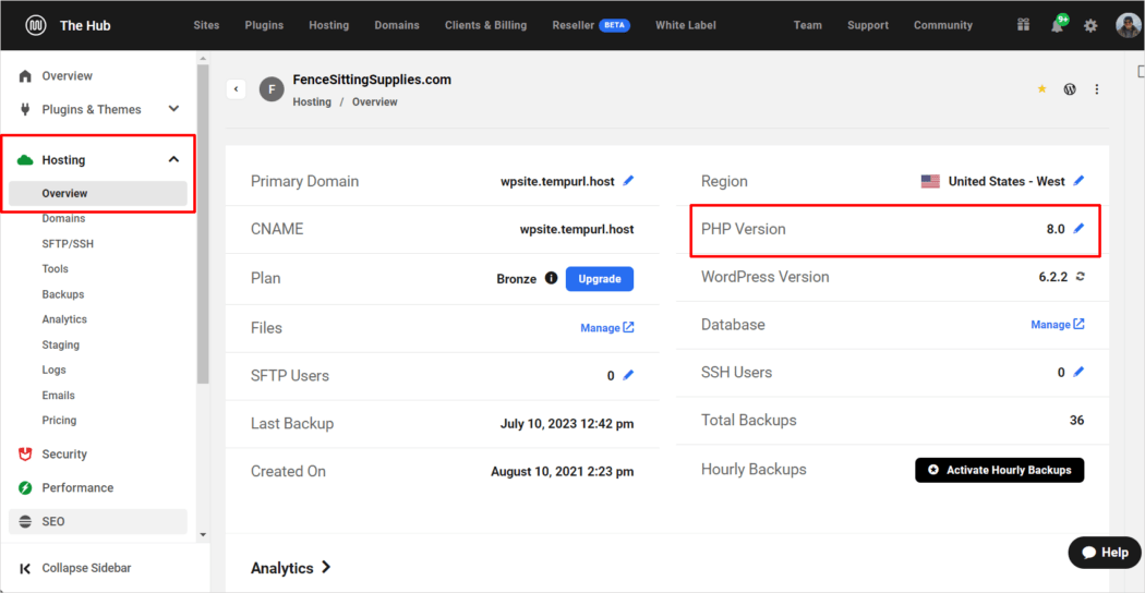The Hub - Hosting Overview screen - PHP version information.