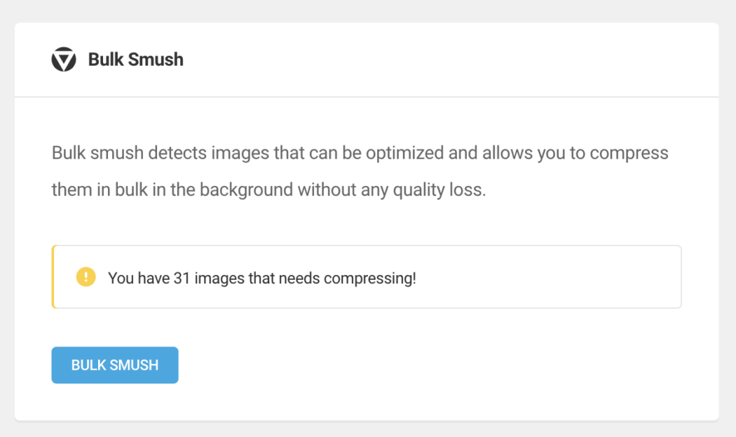 Screenshot of the bulk smush feature which shows 31 images which need smushing.