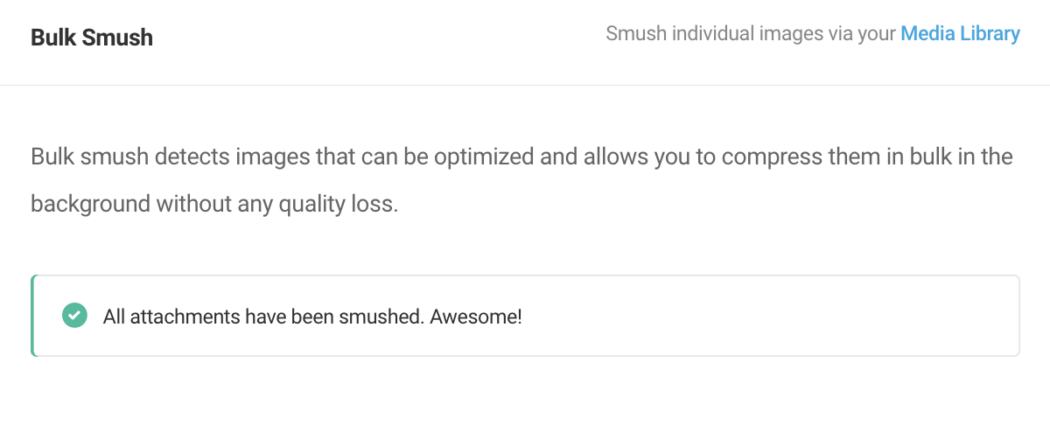 Screenshot showing the bulk smush successfully completed.