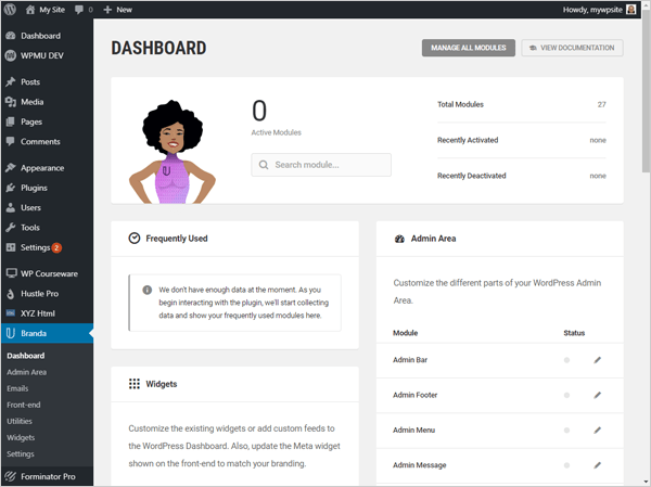 Branda WordPress white label plugin dashboard.