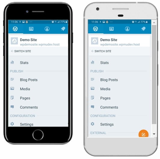 WordPress Mobile App screen displayed on iPhone and Google pixel phones. 