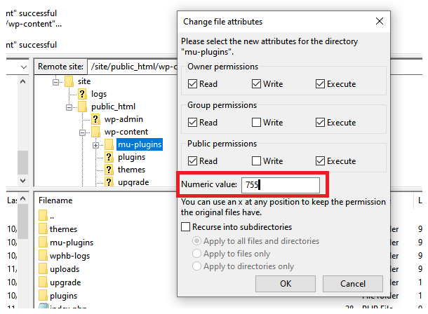 Set file permissions in Filezilla