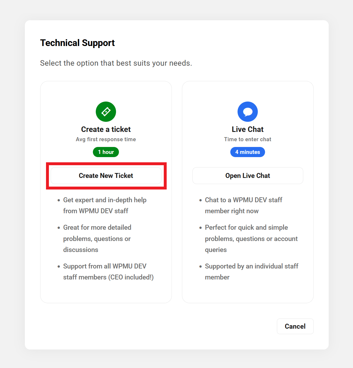 Create a new support ticket in The Hub