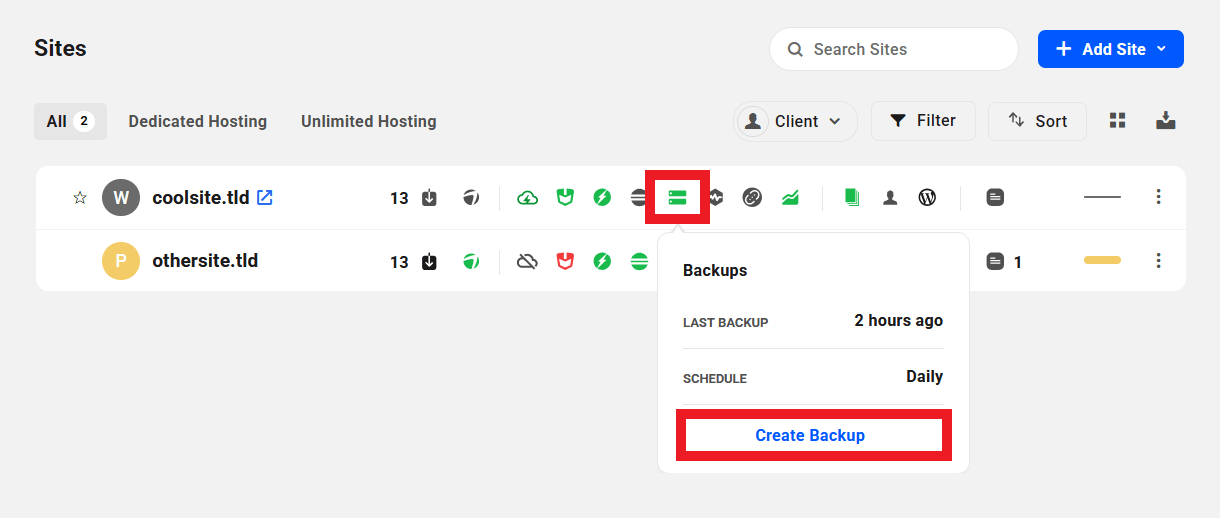 Create a site backup from the Sites screen