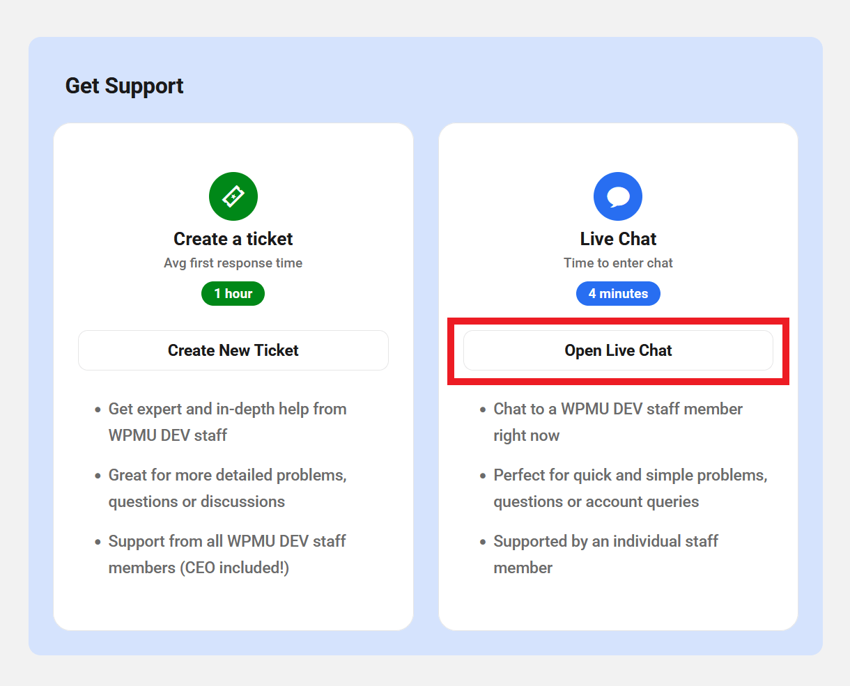 Live chat support in The Hub