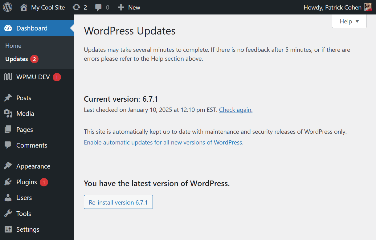 Check for WordPress updates in the wp-admin