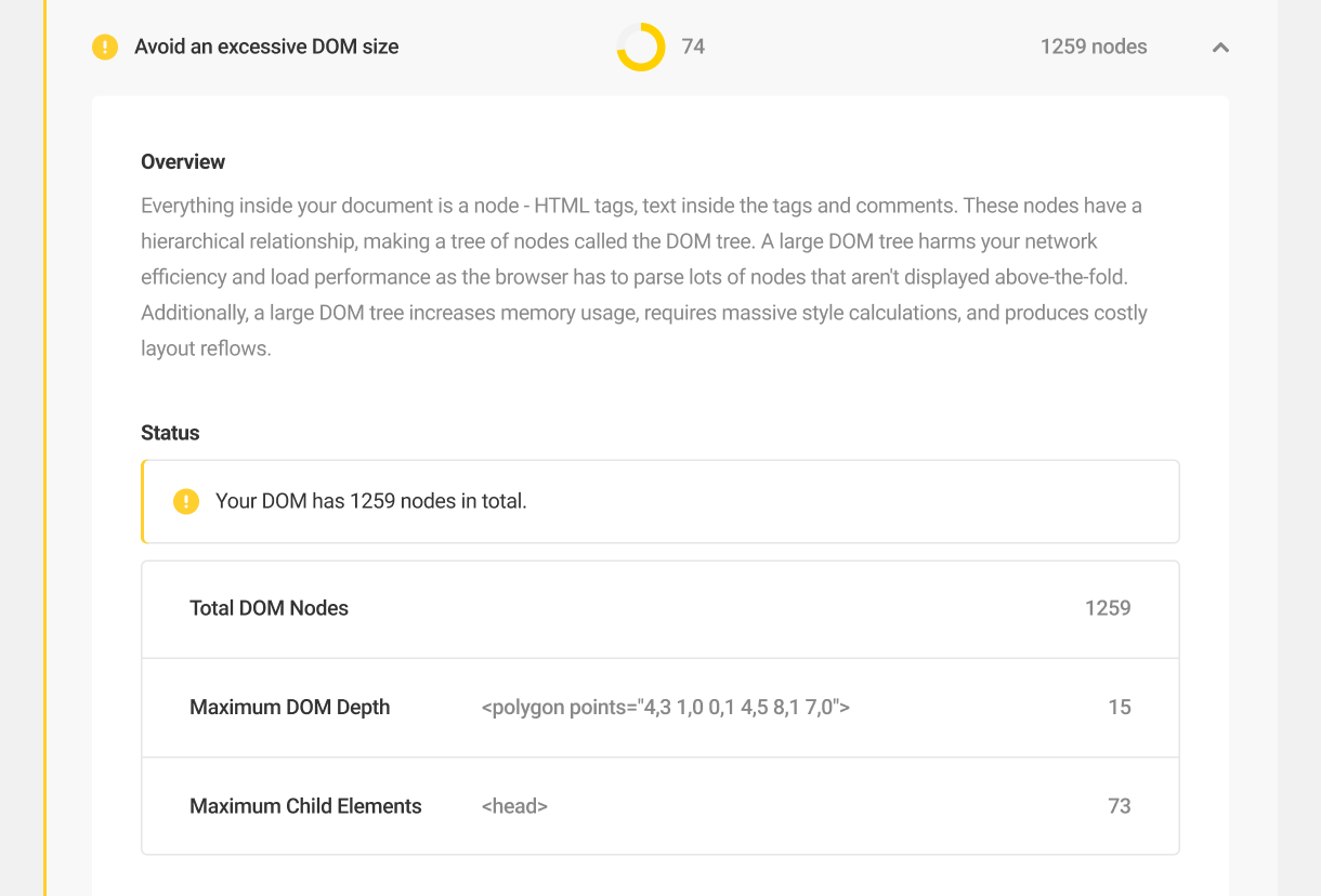 Avoid an excessive DOM size audit