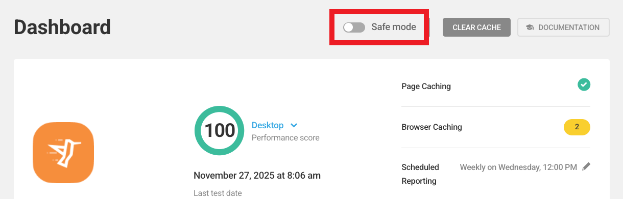 The safe mode toggle in the top header