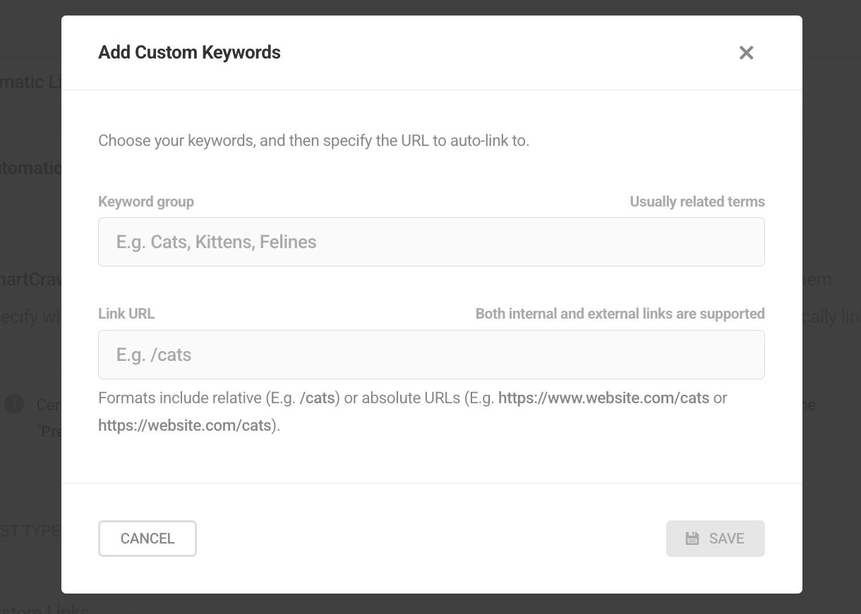 Configure custom keywords to auto-link in SmartCrawl