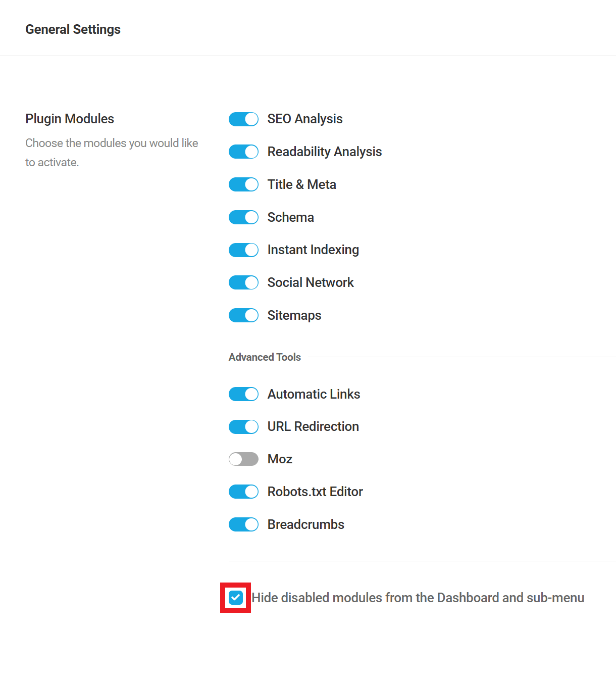 Select the modules to enable in SmartCrawl