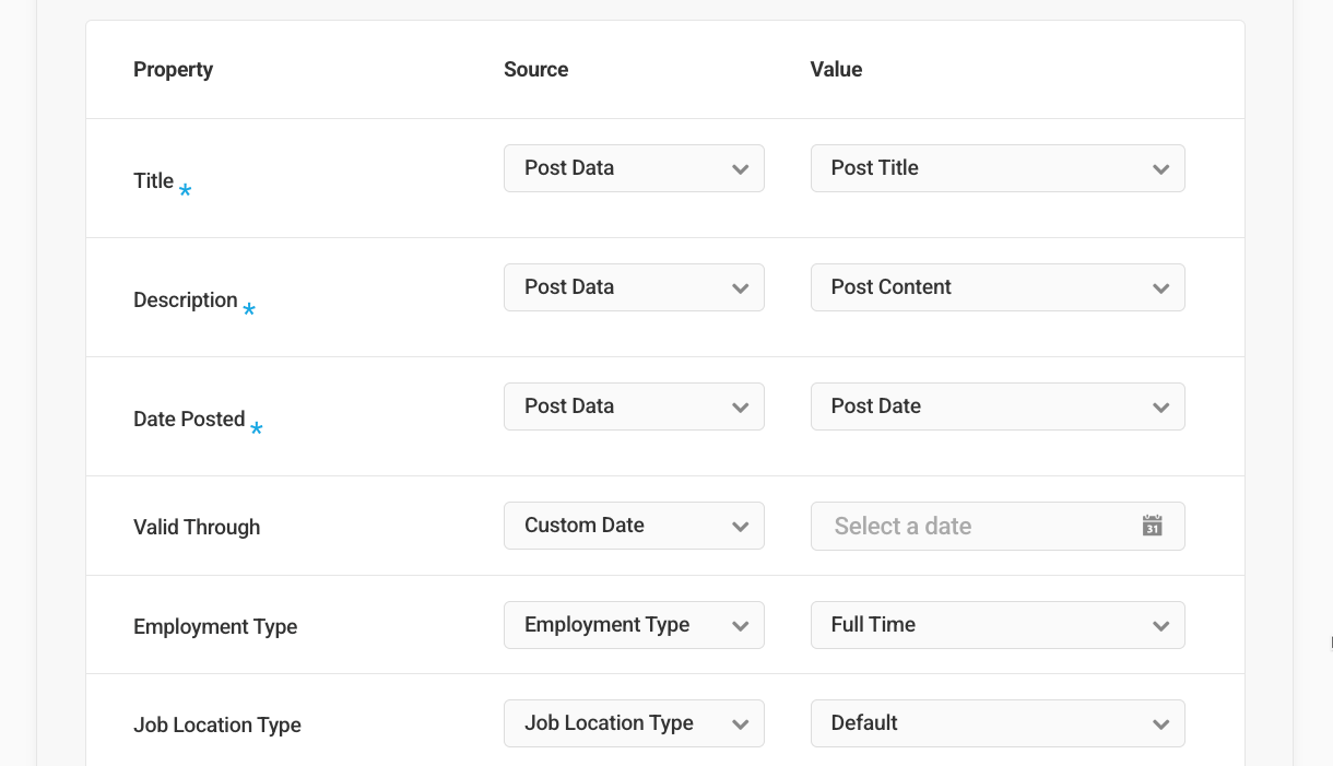 Job Posting schema type default properties