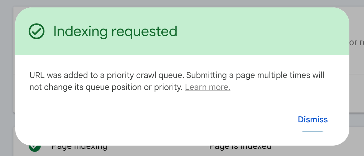 Indexing of a page requested in Google Search Console