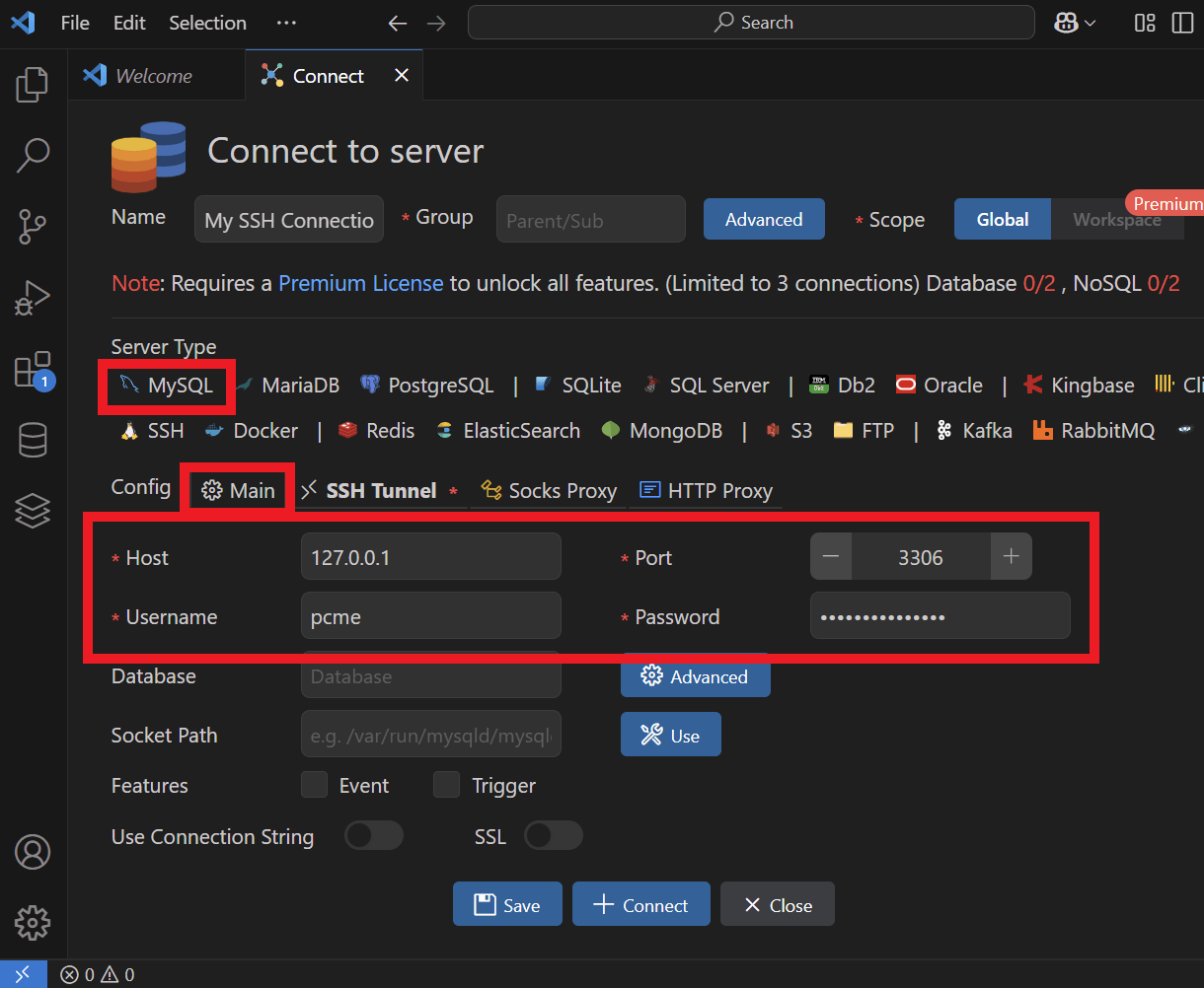 Adding the database details in VS Code
