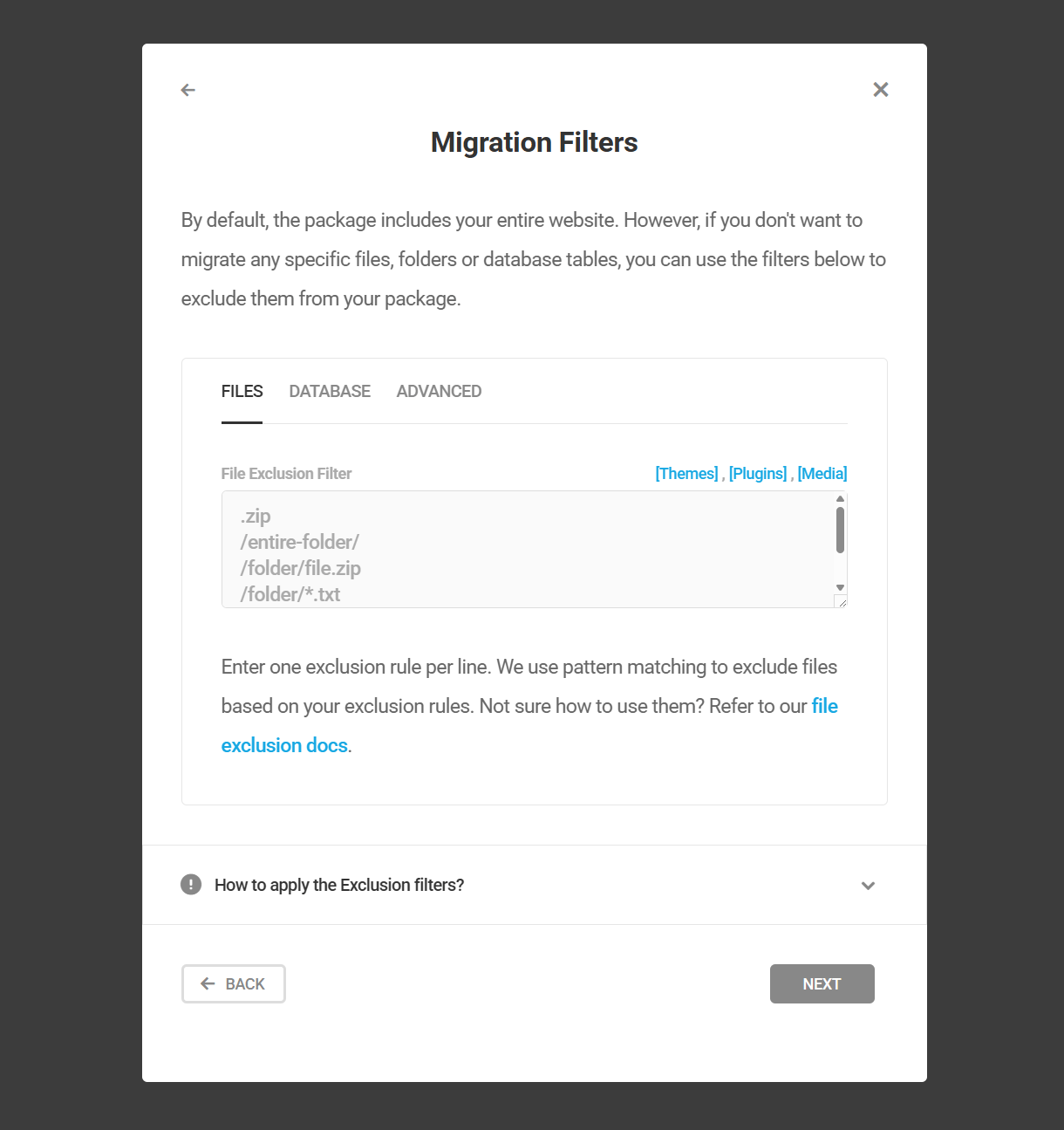 Exclude files and database tables from Shipper migration