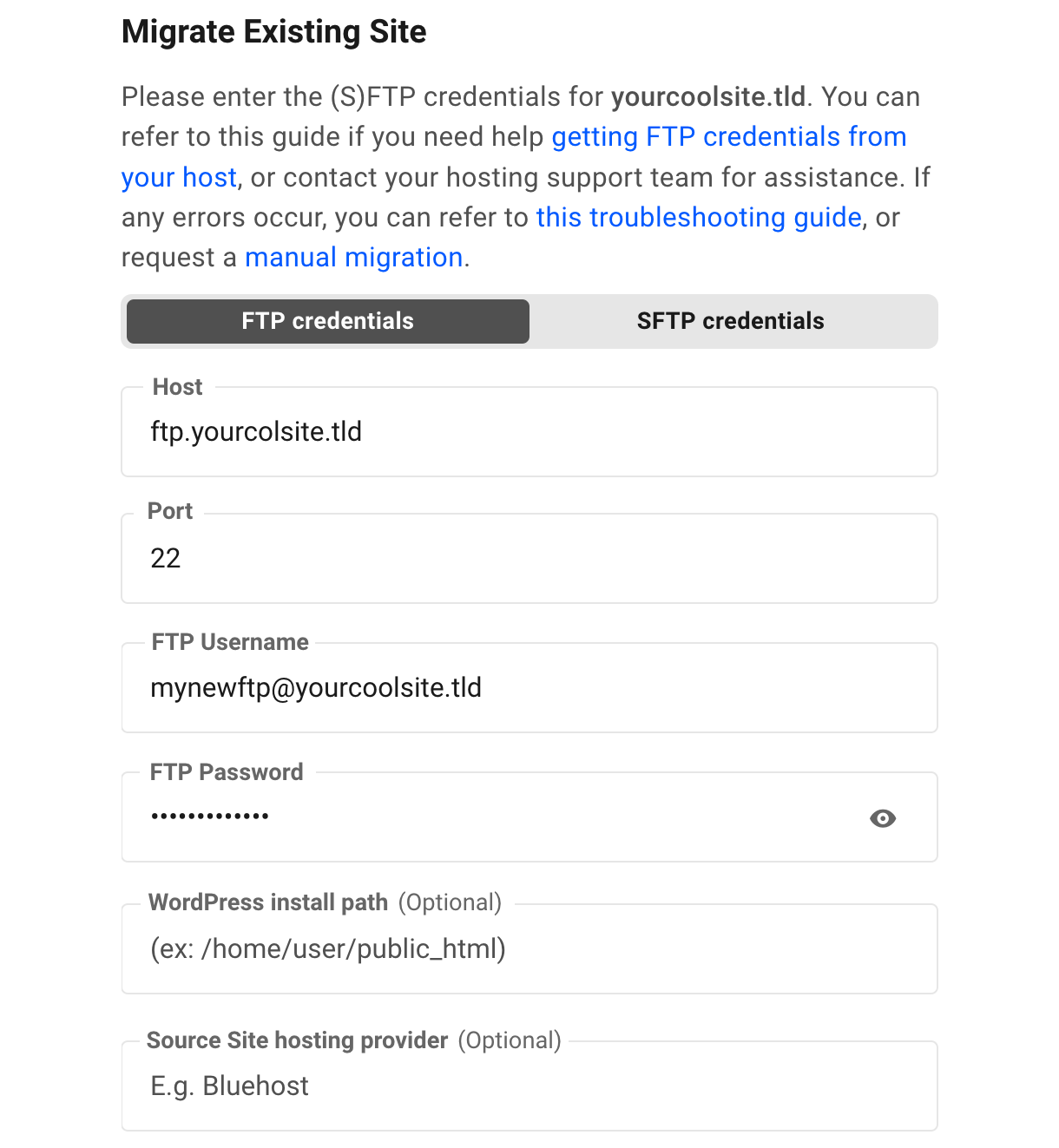 Adding FTP credentials to Hub migration tool