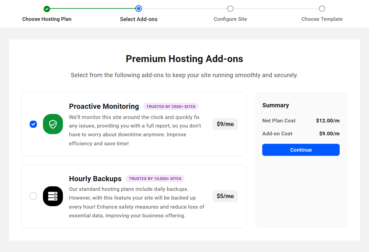 Select add-ons for your new hosted site